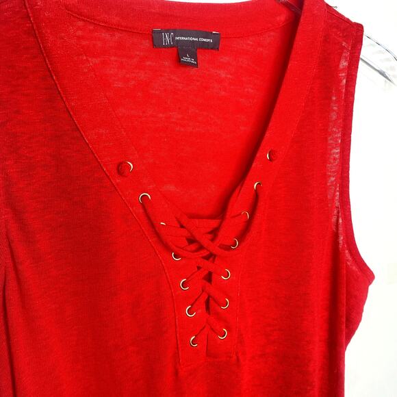 INC International Concepts Red Linen V-Neck Lace Up Sleeveless Tank Top Sz Large - Picture 5 of 8